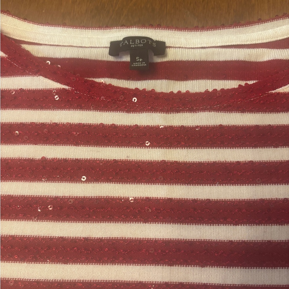 Talbots Red and White Sequin Striped Top - Picture 2 of 3